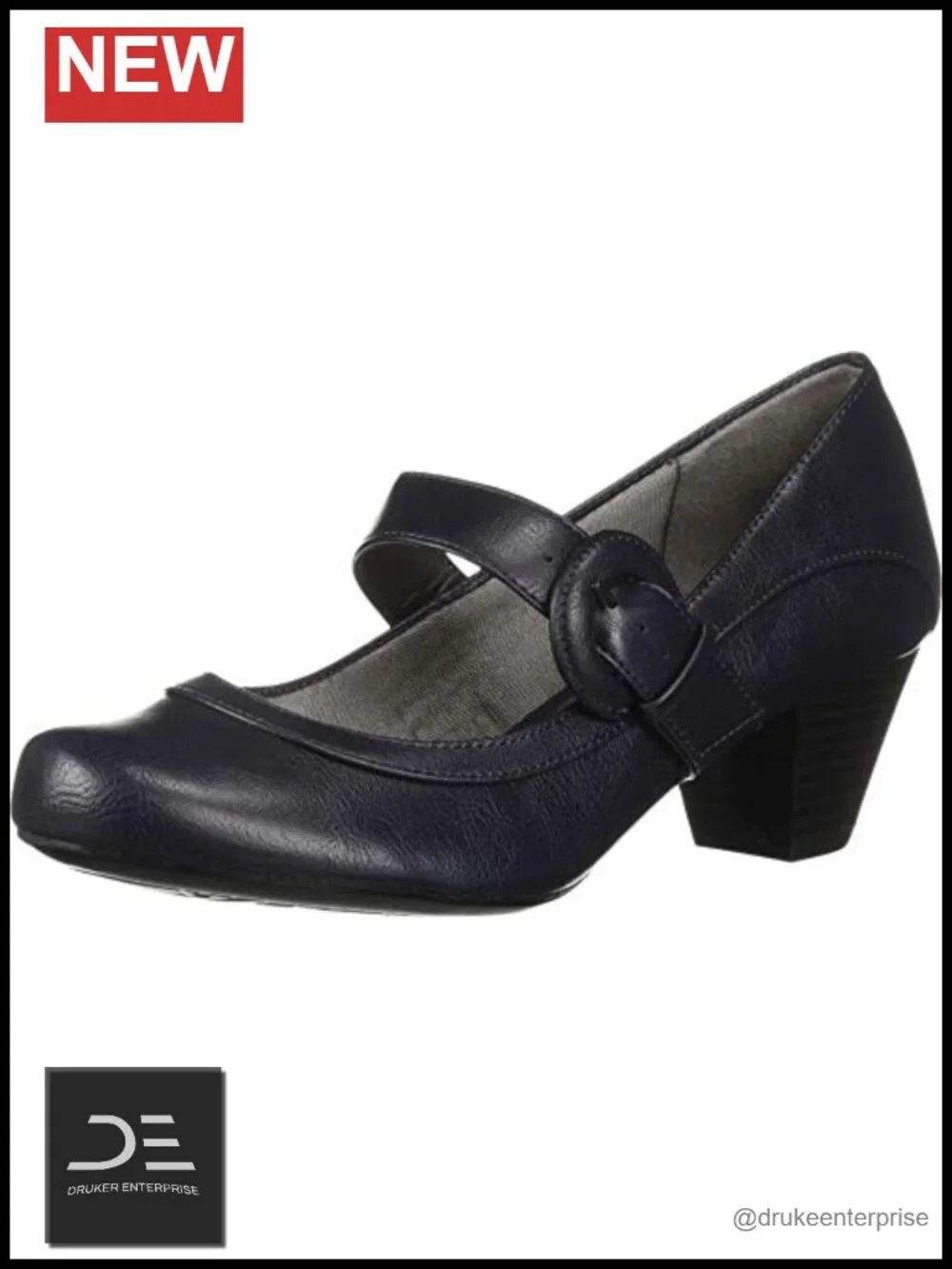 Faux Leather Mary Jane Pumps with Block Heel, Slip-On, Adjustable Buckle